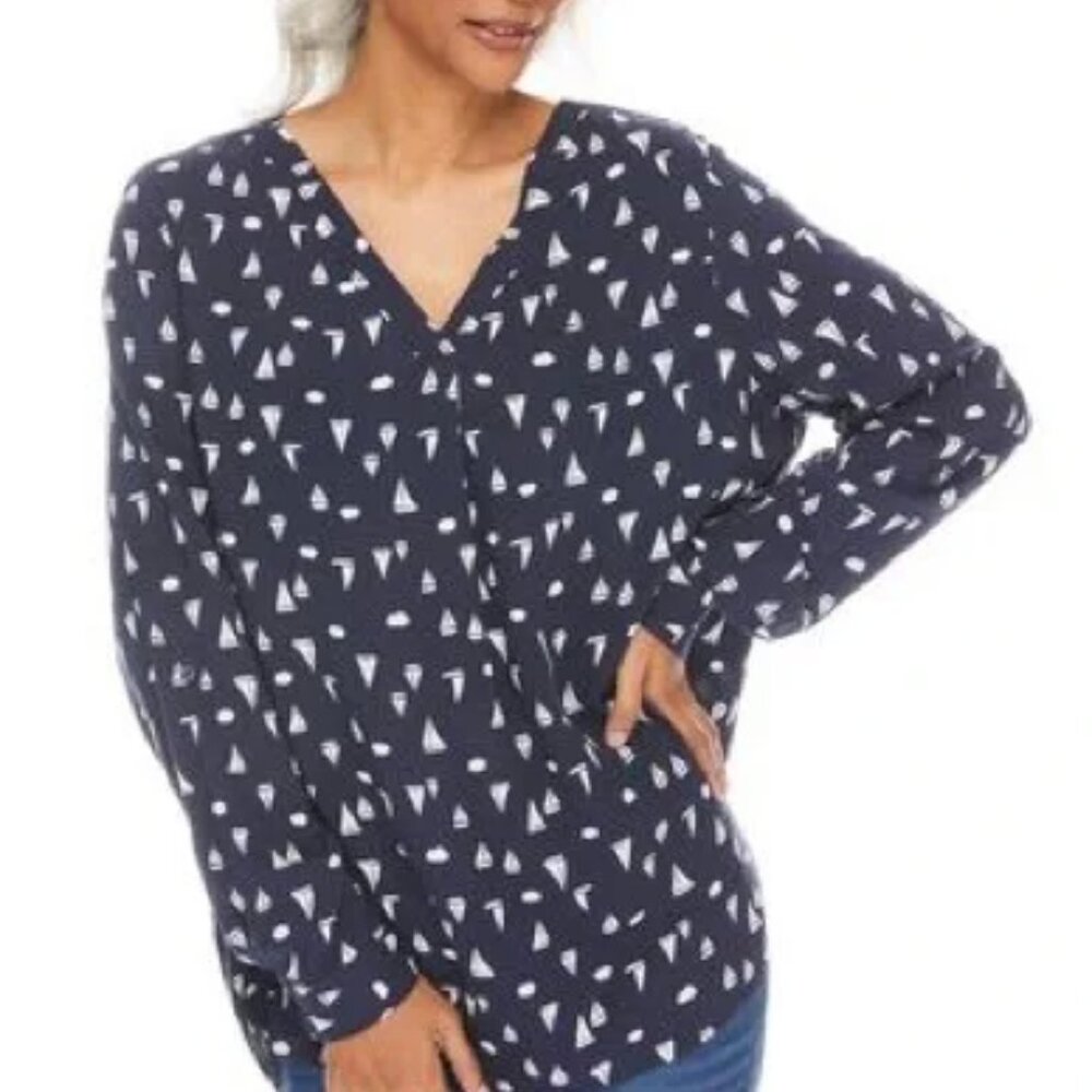 Penmans Navy Sailboat Print Roll Tab Blouse Size 16